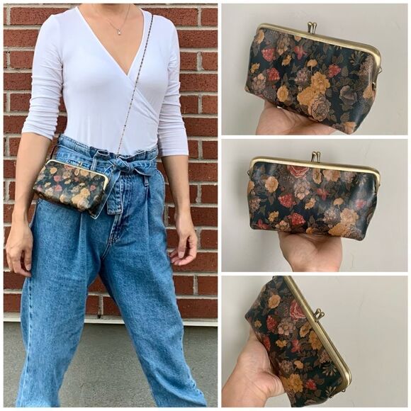 Handmade Genuine Leather Floral Print, Top Wood Handle Bag & Small Clutch Set - Picture 13 of 16